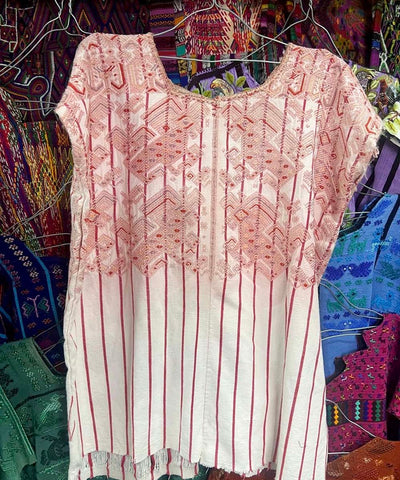 Pink and white striped Nahuala huipil