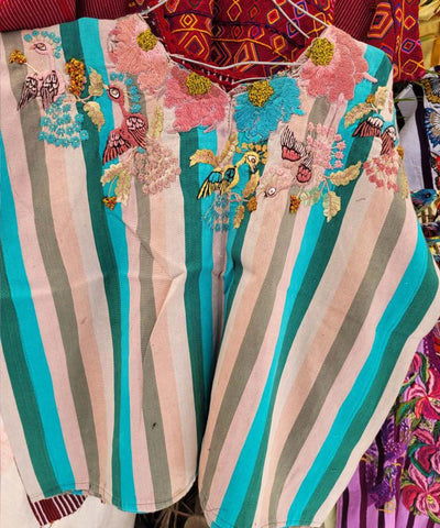 Blue striped Santiago huipil with birds