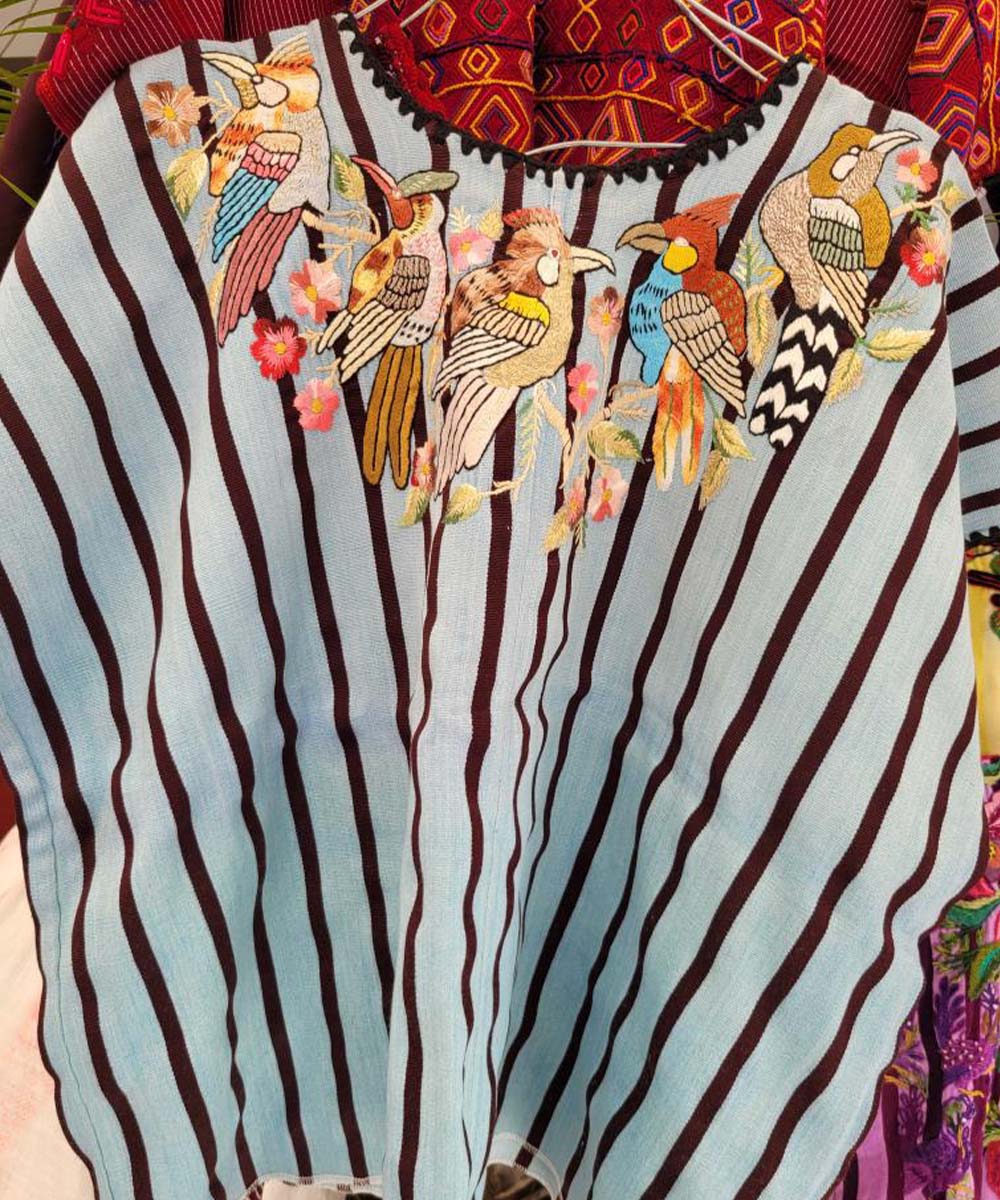 Blue & brown striped Santiago huipil with birds