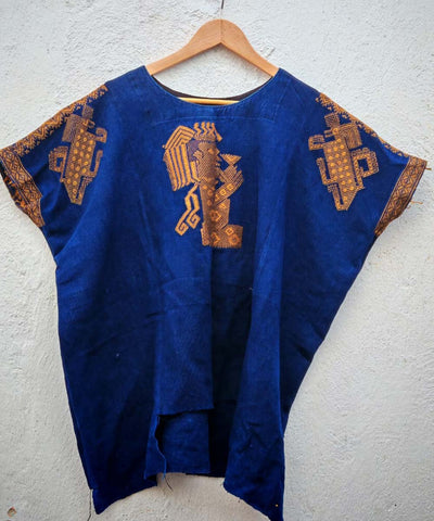 Indigo huipil with ceremonial Mayan