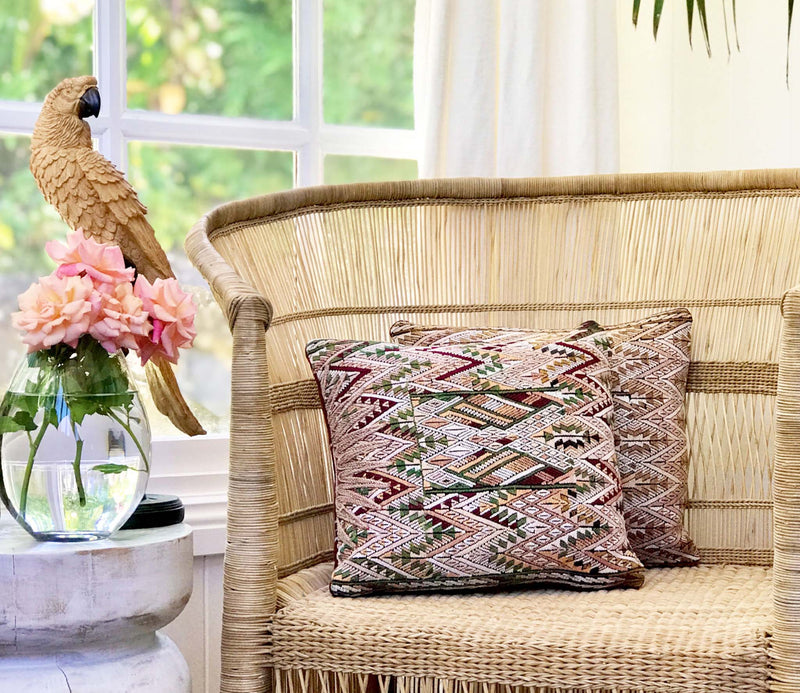 Guatemalan embroidered huipil pillow. Geometric Chichicastenango.