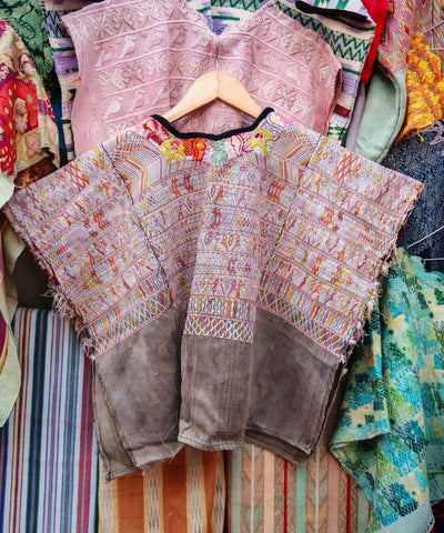 San Juan Cotzal huipil in taupe and pink