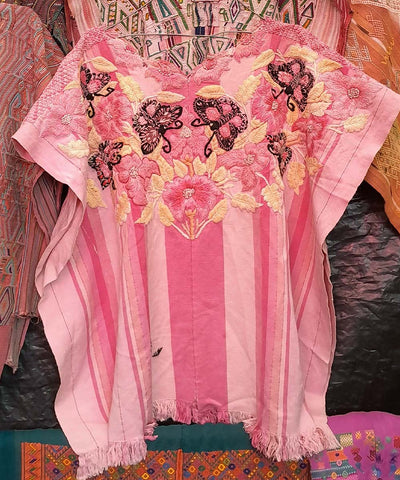 Pink Santiago huipil with butterflies