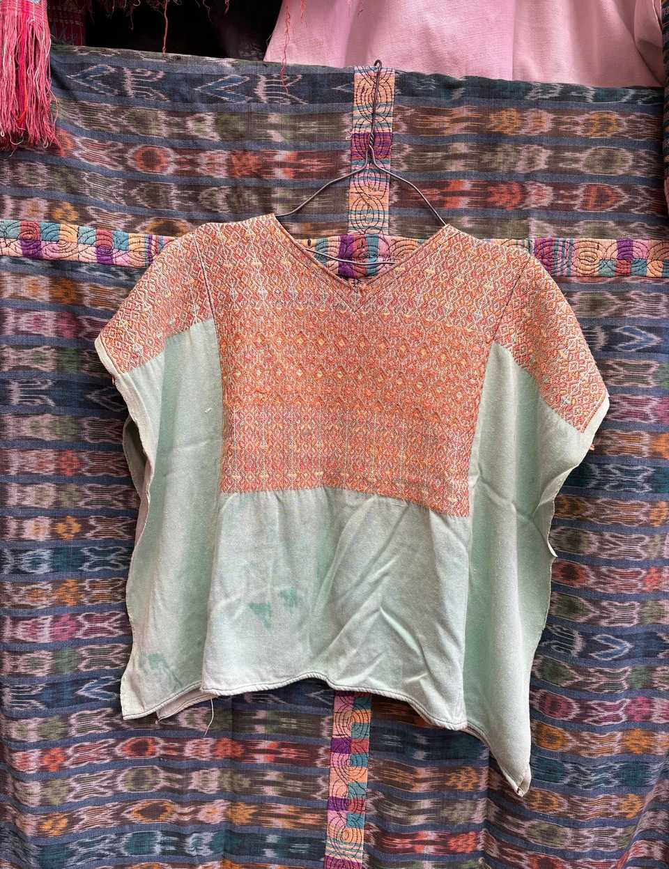 Peach and pale blue Nahuala huipil #4-277