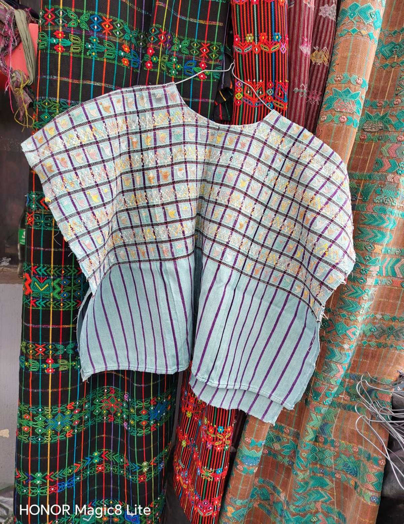 Pale blue and plum San Lucas huipil #6-53