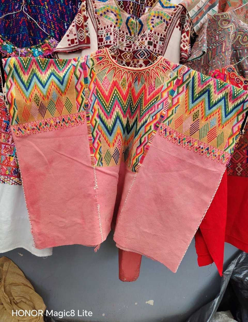 Colourful on pink chevron Chichicastenango huipil #6-108