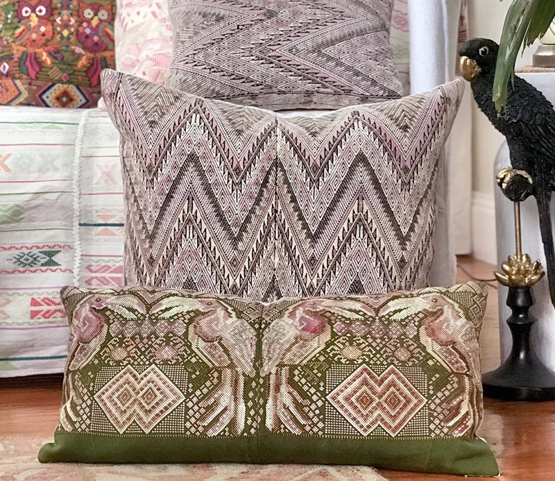 Guatemalan embroidered huipil pillow. Geometric tribal symbols for bohemian decor.