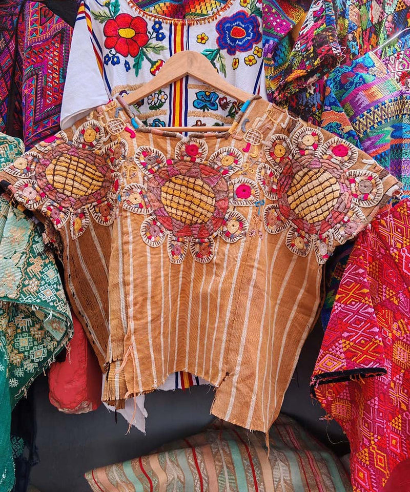 Caramel striped huipil with abstract embroidery