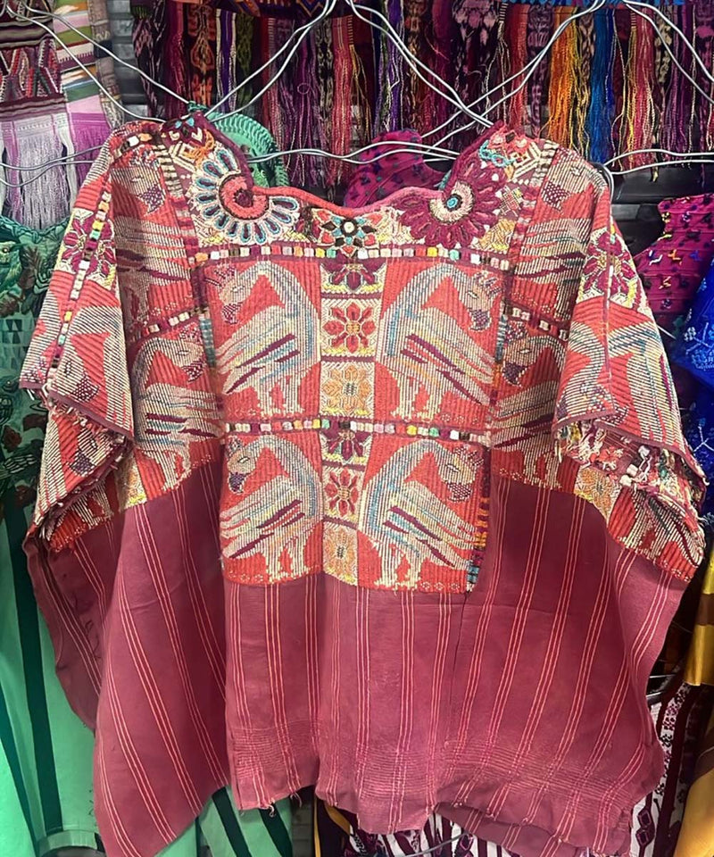 Warm pink Chichi huipil with silk embroidery