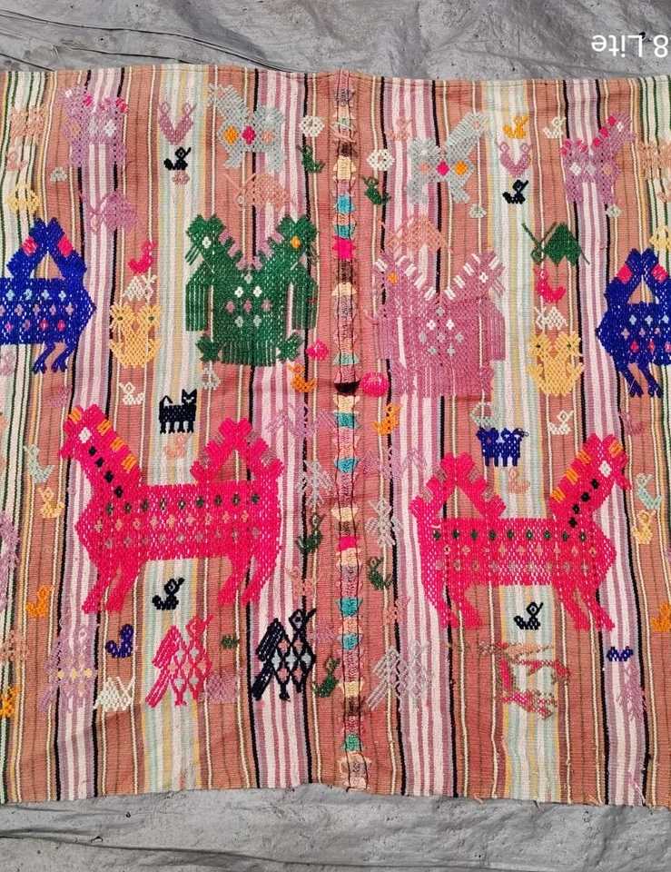 Colourful horses on beige stripes Chichicastenango tzute #5-26