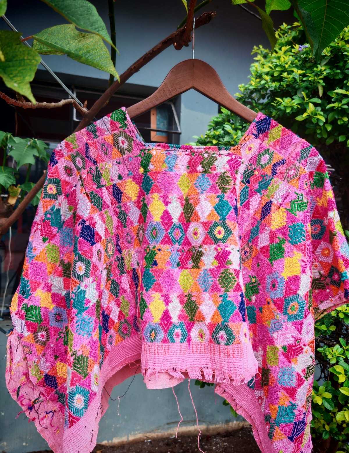 Colourful on hot pink Coban huipil #6-188