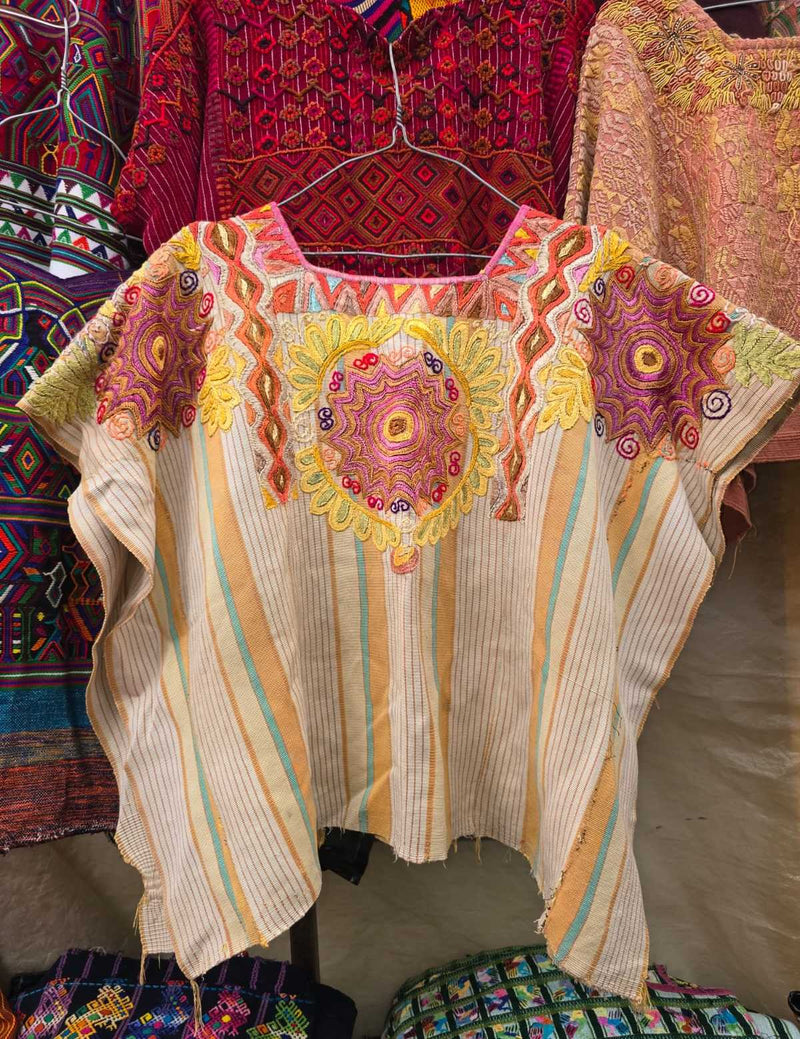 Pink and yellow mandalas Chichicastenango huipil #6-169