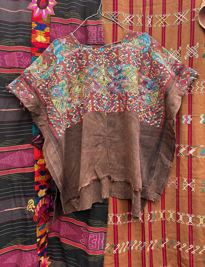 Red and blue on brown Nahuala huipil #4-218