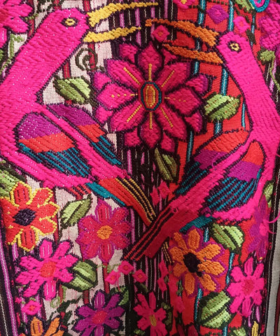 Pink & Red Chichi huipil with parrots