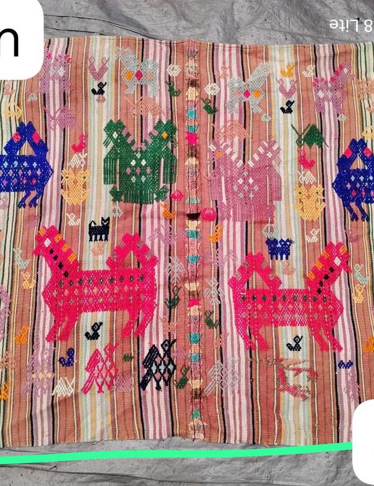 Colourful horses on beige stripes Chichicastenango tzute #5-26