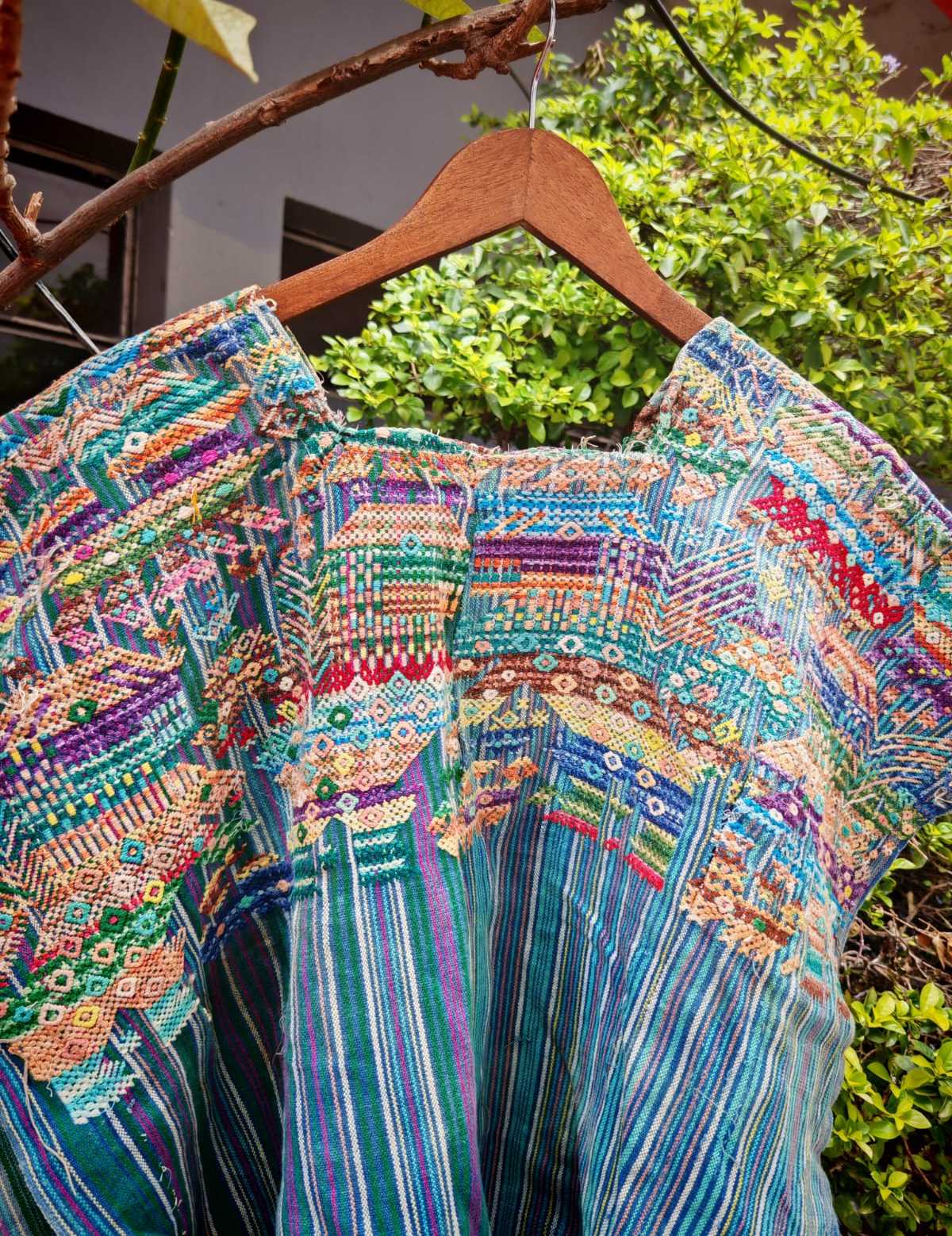 Colourful on indigo stripes Nahuala huipil #5-195