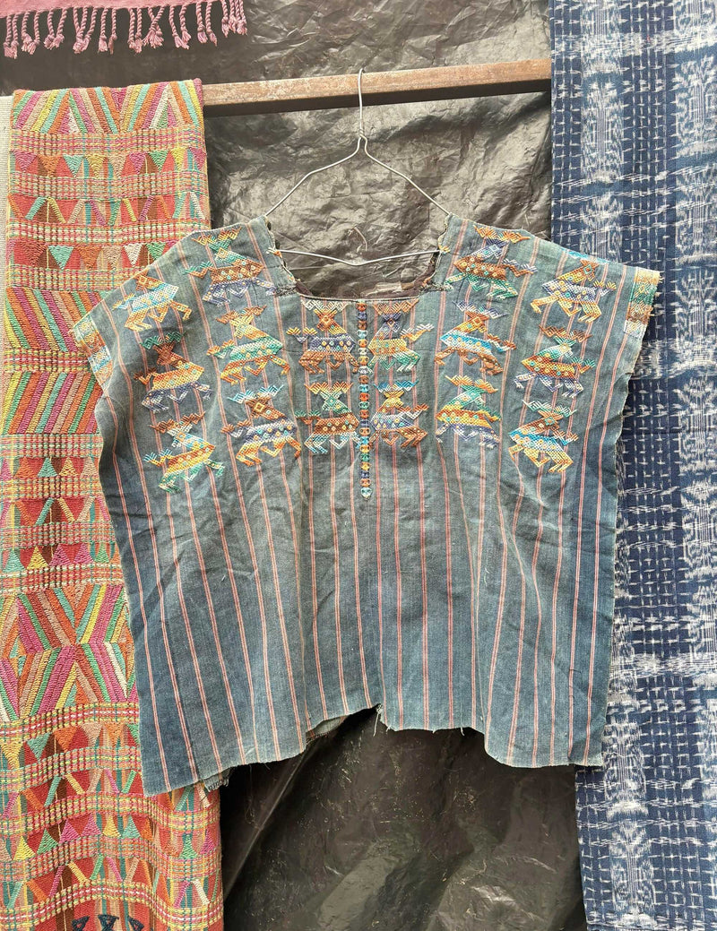 Faded indigo dancing deer Nahuala huipil #4-99