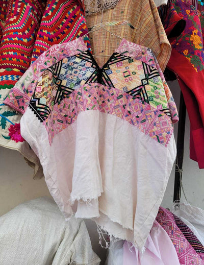 Colourful pink and white Nahuala huipil #2-107