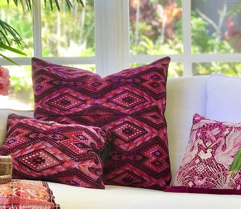 Guatemalan embroidered huipil pillow. Geometric chevron design in bold fuchsia 