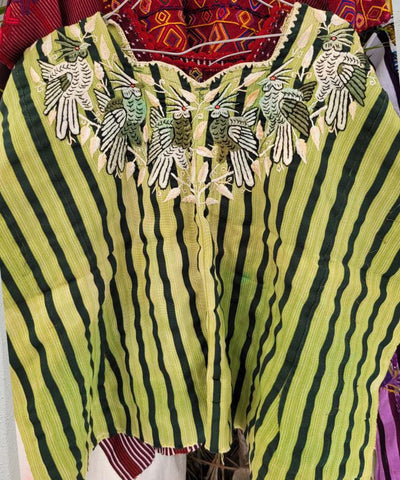 Green striped Santiago huipil with birds