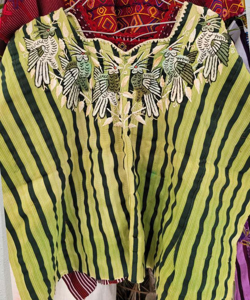 Green striped Santiago huipil with birds