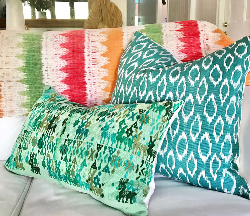 Guatemalan embroidered huipil pillow. Tribal symbols for bohemian decor.