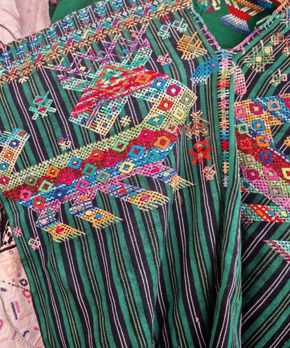 Striped green Nahuala huipil with deer