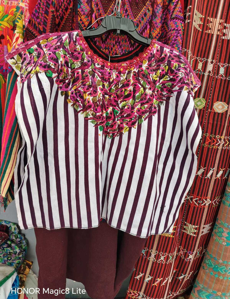 Burgundy and White Striped Santiago Huipil #6-415