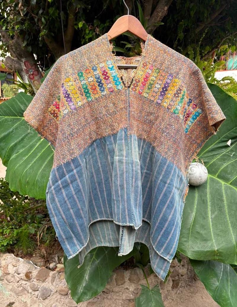 Beige and Indigo Nahuala Huipil #6-436