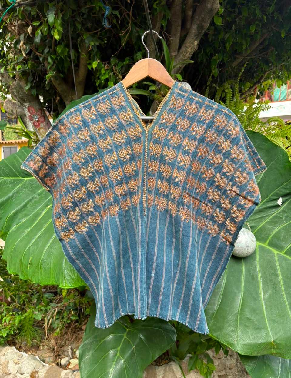Gold Turkeys on Indigo Nahuala Huipil #6-437