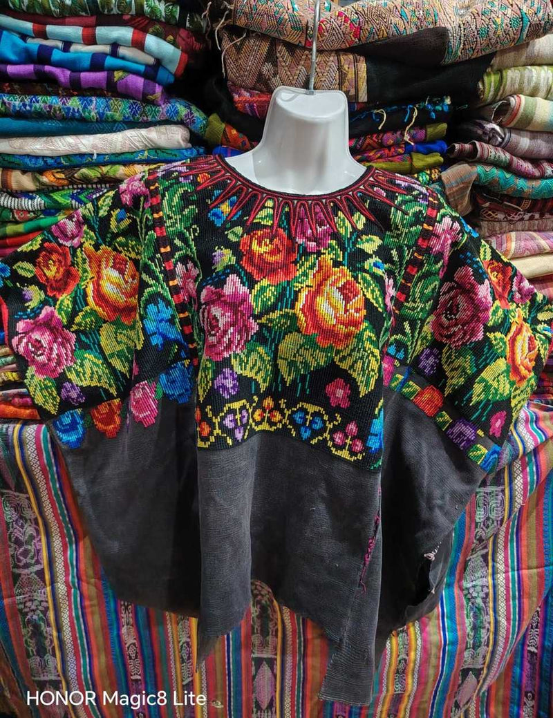 Old Fashioned Roses on Black Chichicastenango Huipil #6-481