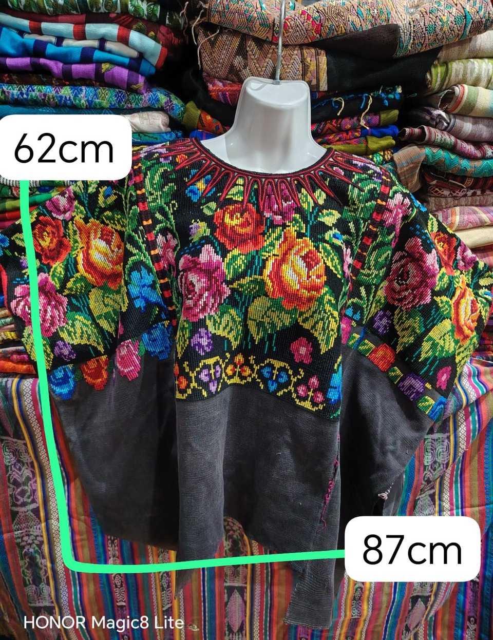 Old Fashioned Roses on Black Chichicastenango Huipil #6-481