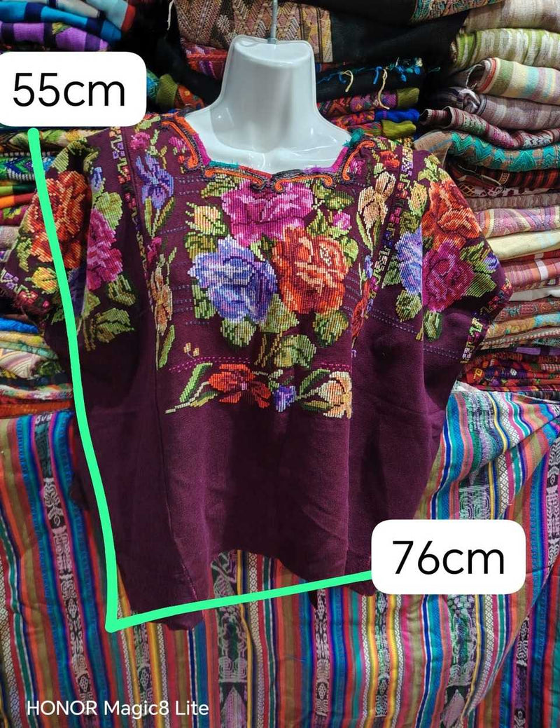 Old Fashioned Roses on Burgundy Chichicastenango Huipil #6-482