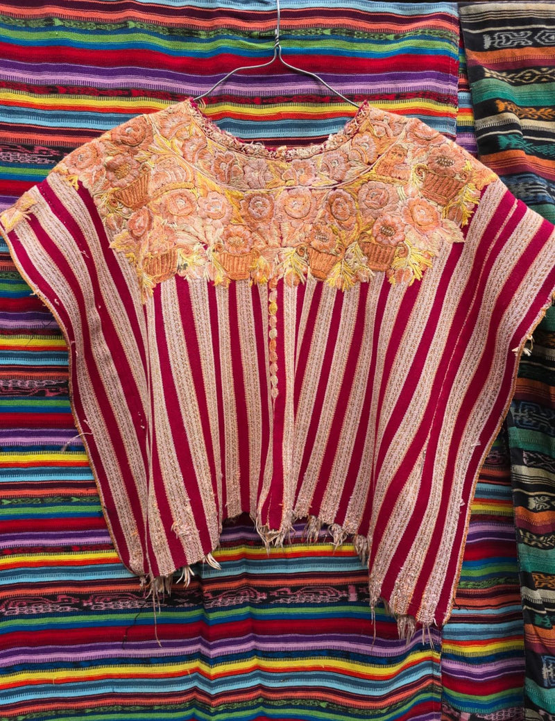 Coral and Burgundy Aguas Calientas Huipil #7-76