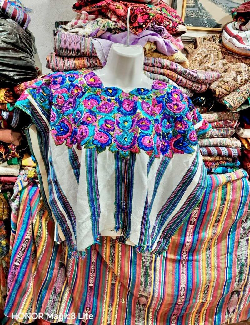 Pink and Blue on White Patzun Huipil #7-93