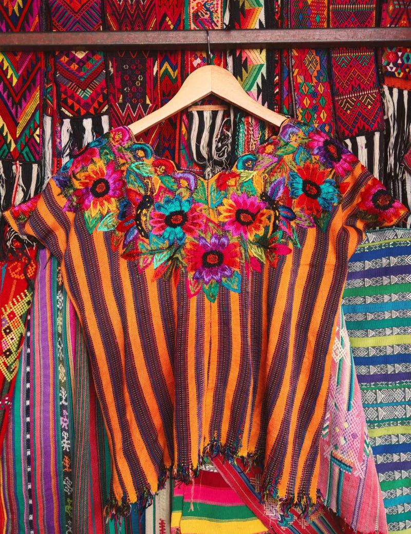 Flowers On Orange And Violet Stripes Santiago Huipil #7-211