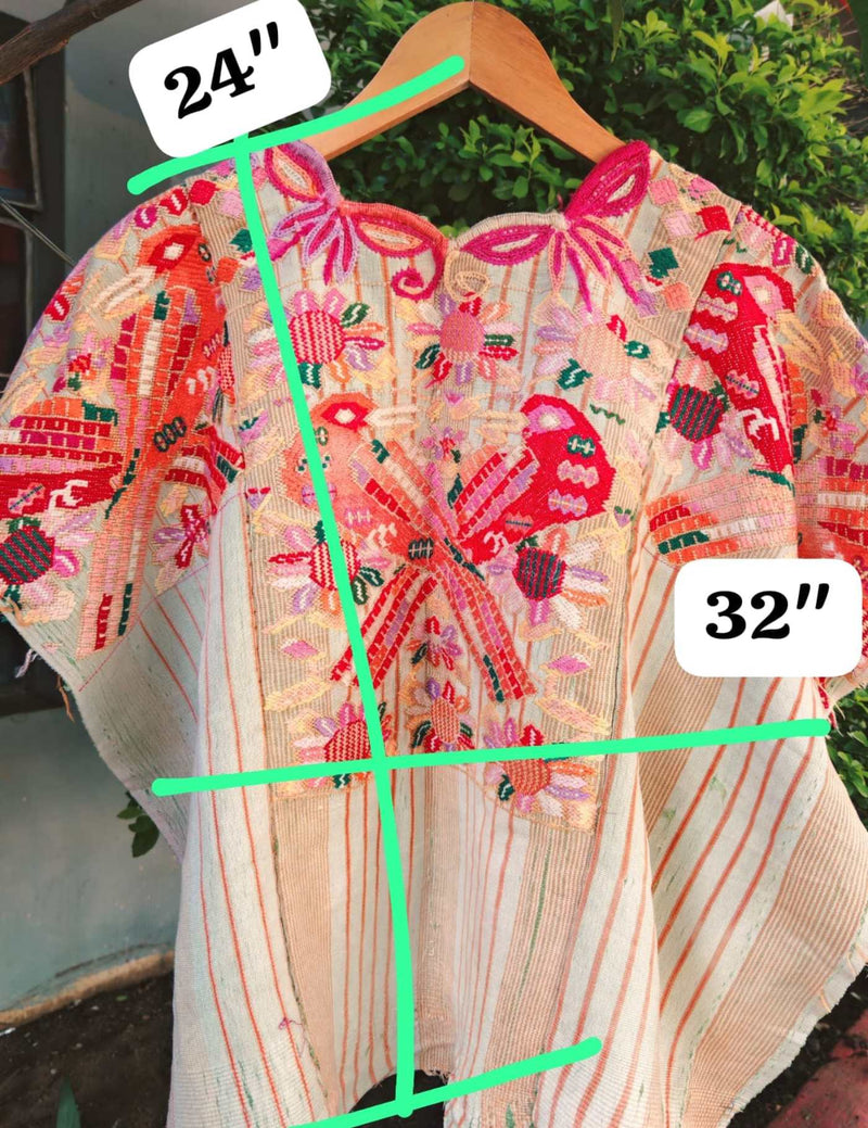 Red Birds On Beige Stripes Chichicastenango Huipil #7-221