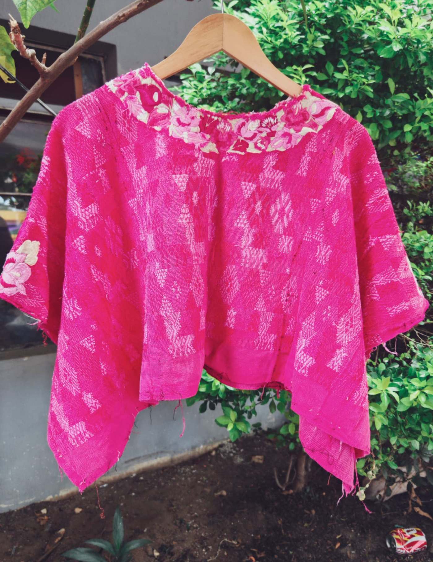 Hot Pink With Floral Neck Coban Huipil #7-234