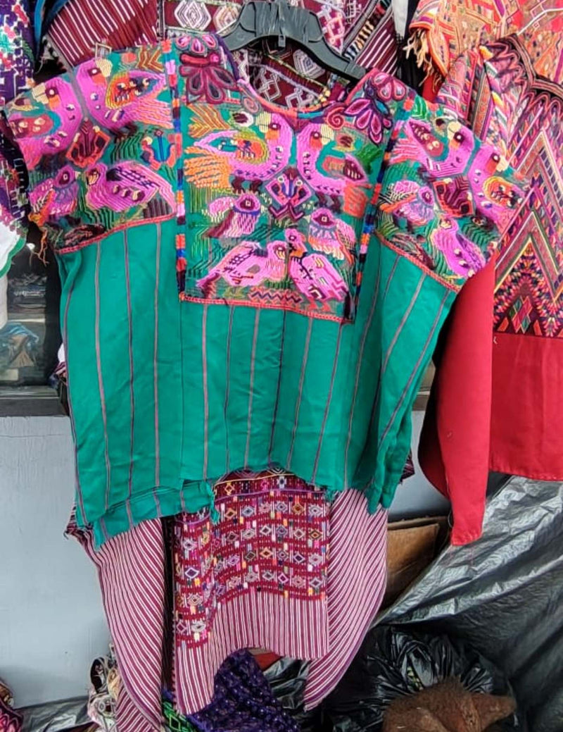 Pink Parrots On Green Chichicastenango Huipil #7-404