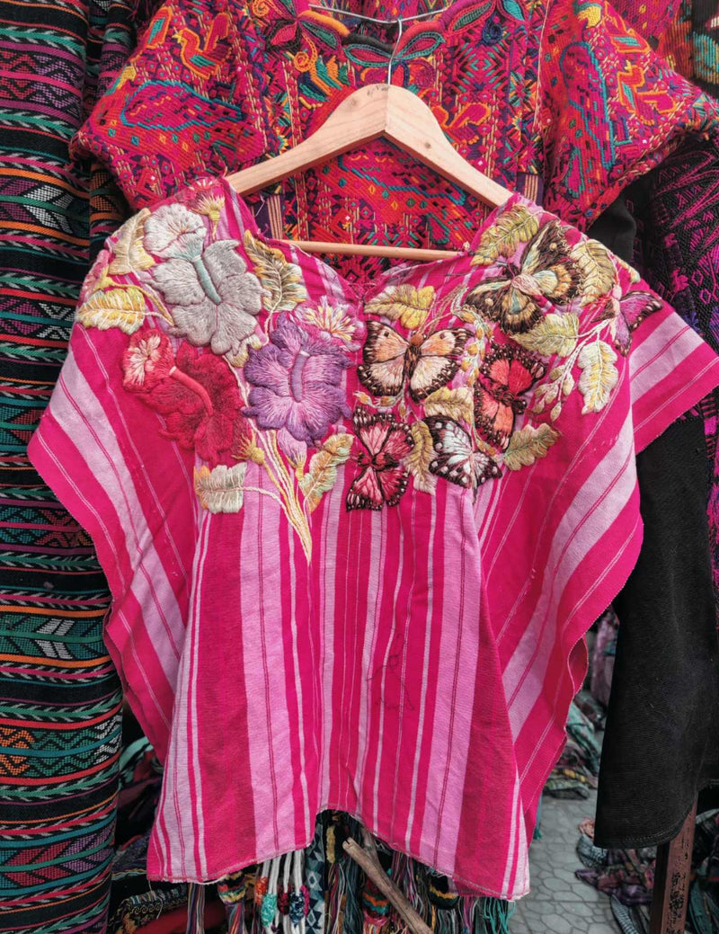 Butterflies On Pink Stripes Santiago Huipil #7-443
