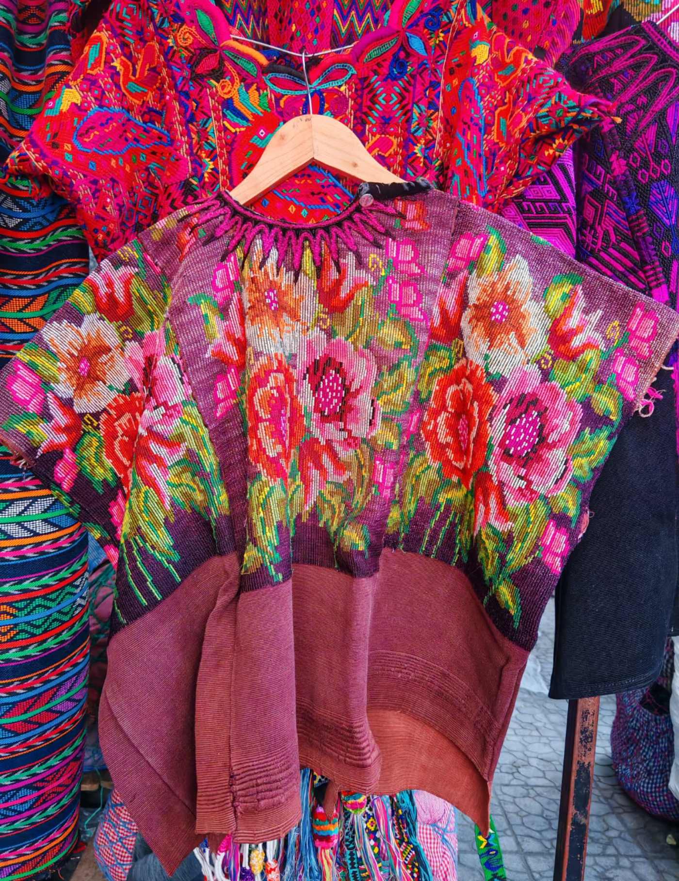 Pink Flowers On Brown Chichicastenango Huipil #7-467