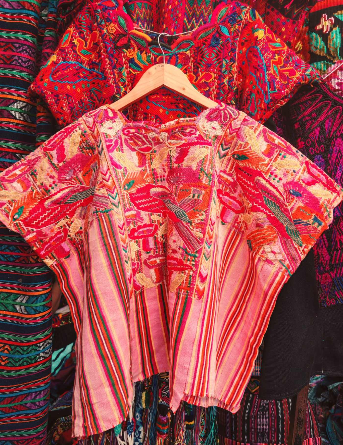 Red Parrots On Pink Stripes Chichicastenango Huipil #7-471