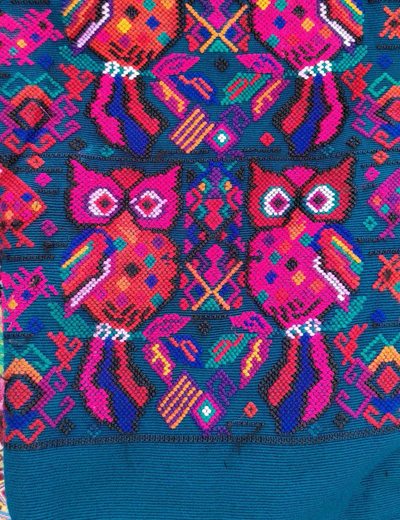 Pink Owls on Blue Chichicastenango Huipil #7-508