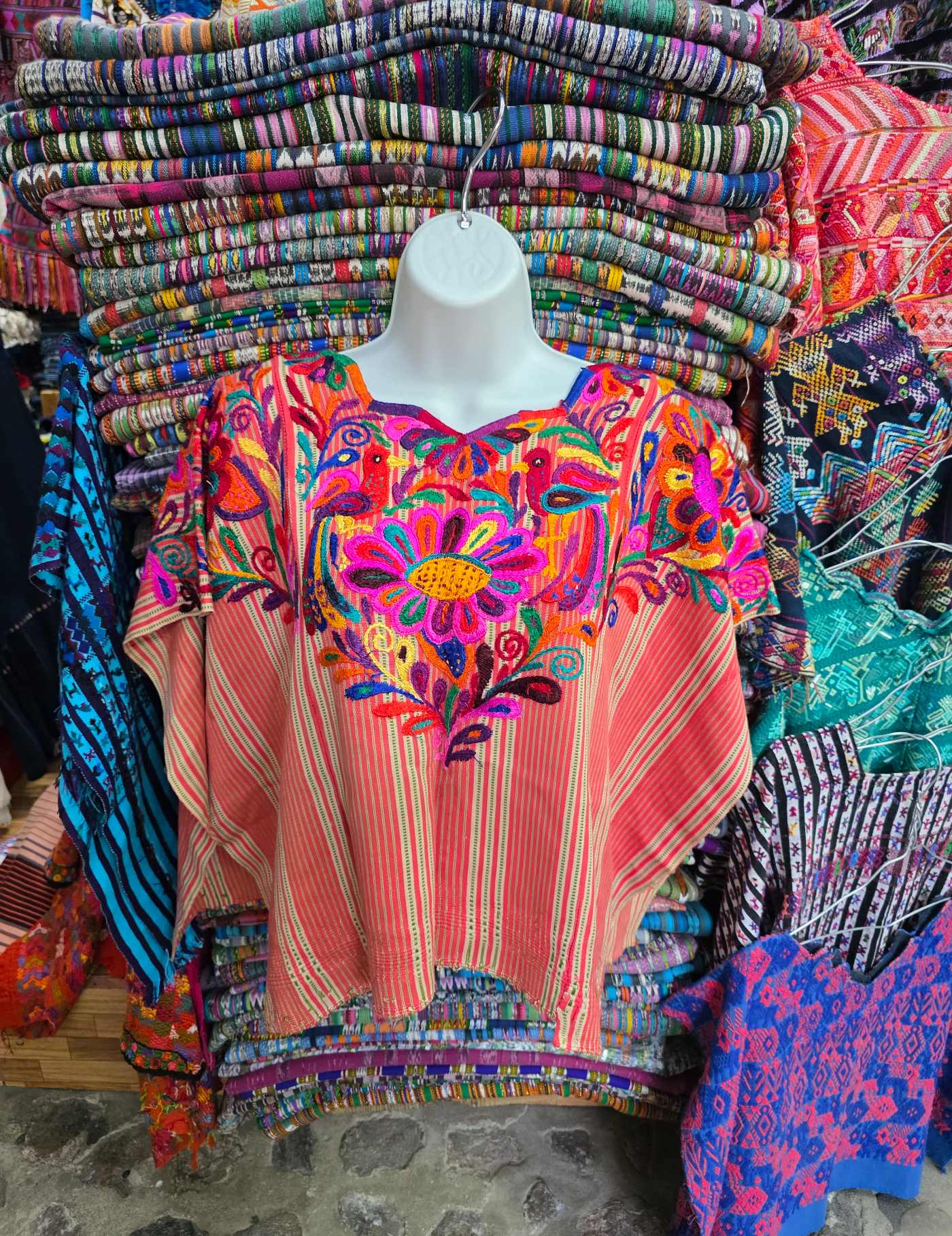 Salmon with Silk and Multicolor embroidery Chichicastenango Huipil #7-537