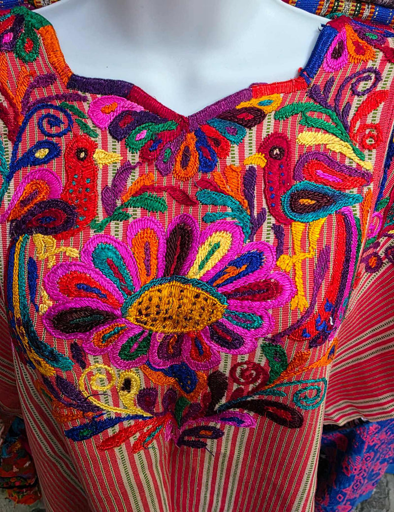 Salmon with Silk and Multicolor embroidery Chichicastenango Huipil #7-537