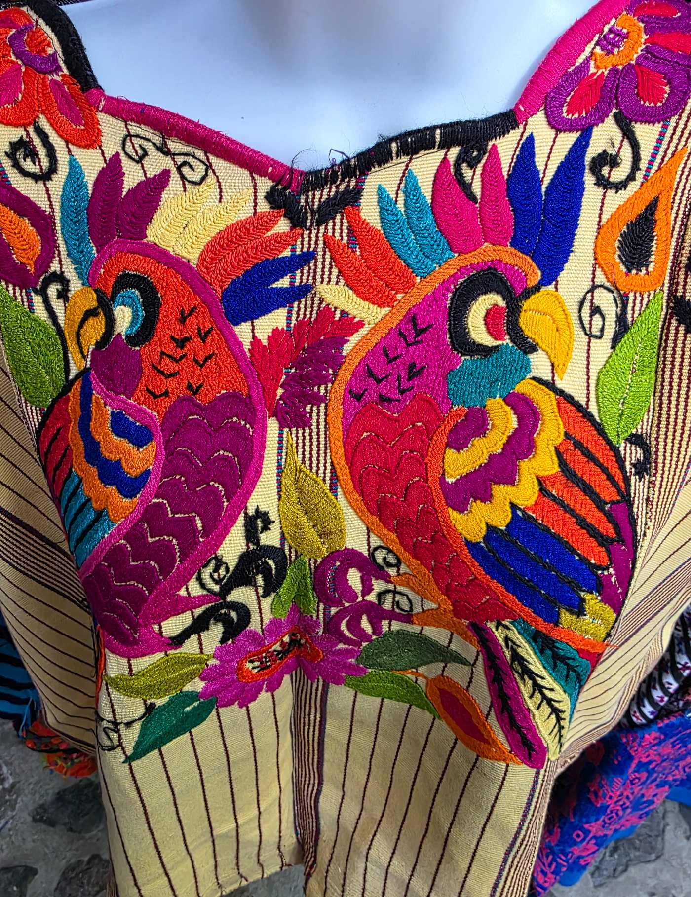Pale Yellow with multicolor cotton embroidery Chichicastenango Huipil #7-538