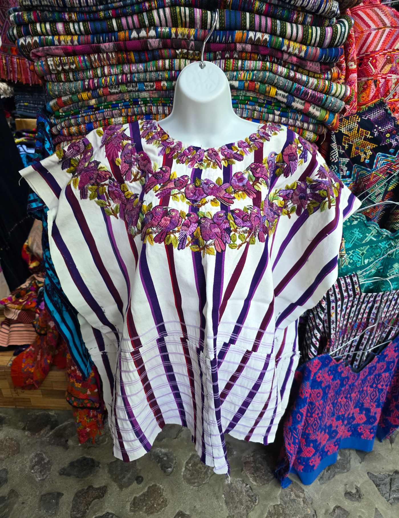 White with purple and lilac embroidery Santiago Huipil #7-540