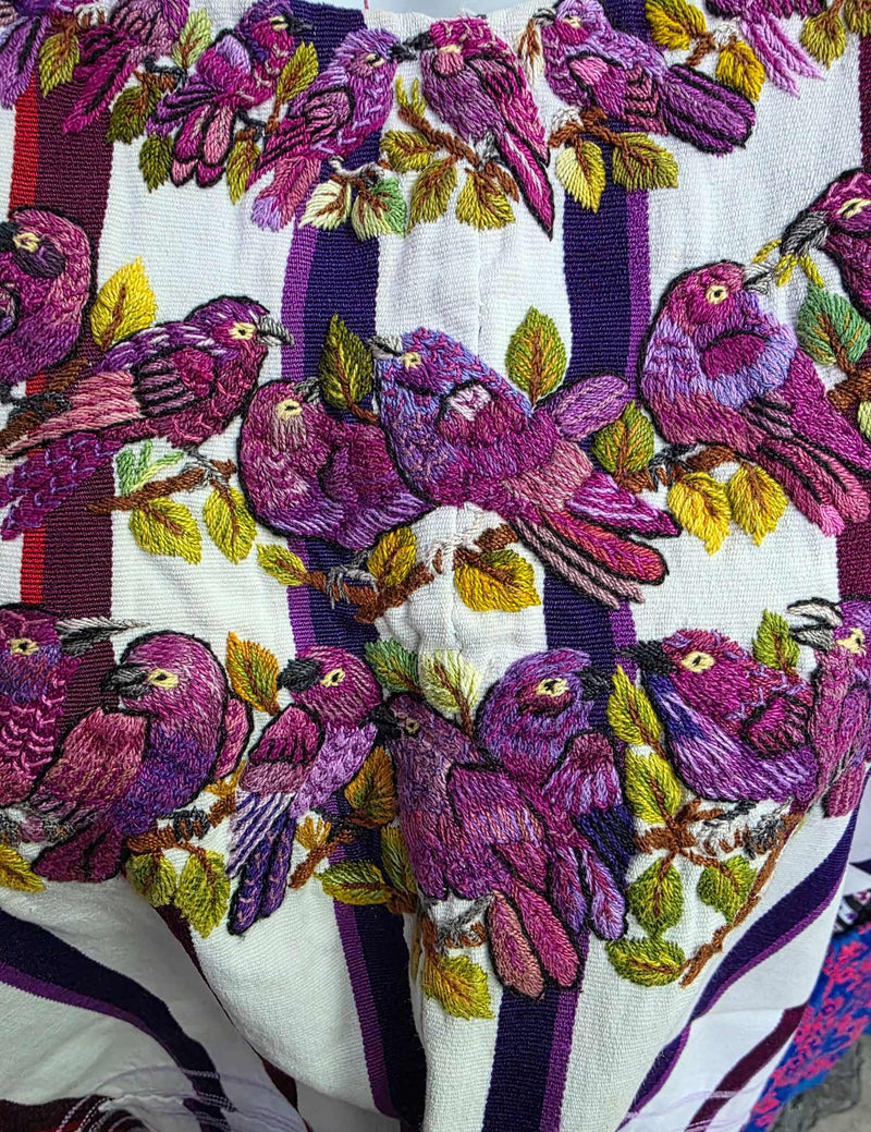 White with purple and lilac embroidery Santiago Huipil #7-540