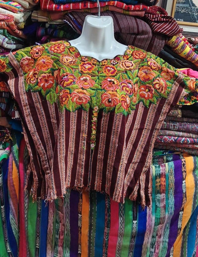 Flowers on Pink and Burgundy Stripes Patzún Huipil #7-557