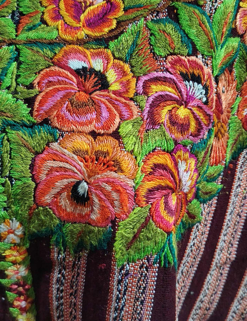 Flowers on Pink and Burgundy Stripes Patzún Huipil #7-557